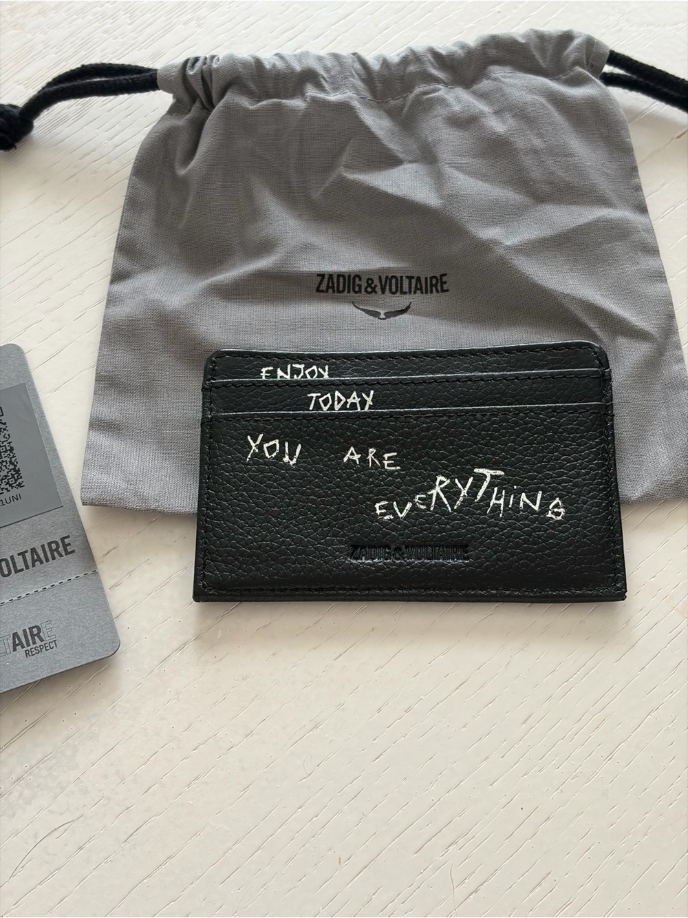 Zadig & Voltaire Black Leather Card Holder with White Graffiti Text